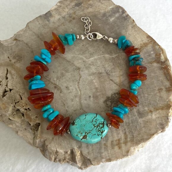 Sterling Silver 925 Turquoise Chip & Baltic Amber Chip Beaded Bracelet 8" - 9" - Picture 11 of 16